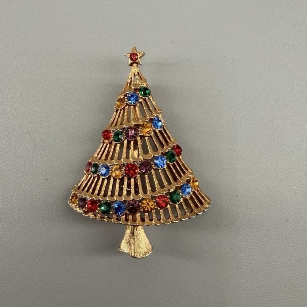 Vintage JJ Jonette Christmas Tree Brooch Rhinestone Gold Tone Signed Book Piece